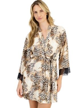 I.N.C International Concepts Women's Lace-Trim Animal-Print Stretch Satin Robe